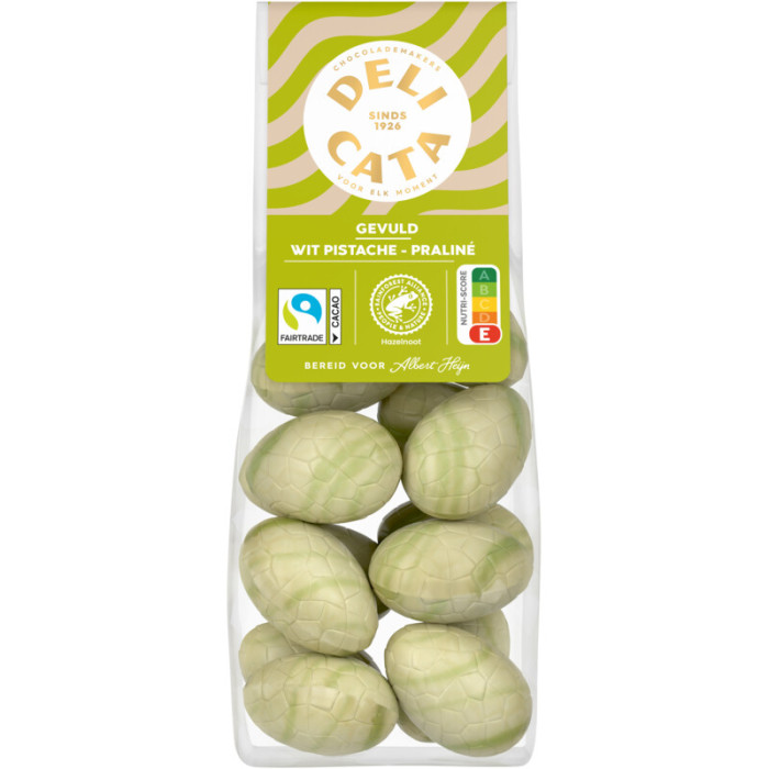 Œufs Pâques Choco Blanc Pistache Praliné 150g Delicata